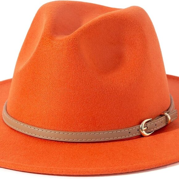 Accessories - Women Classic Felt Fedora Wide Brim Hat with Belt Buckle